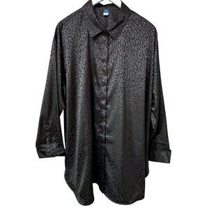 OLD NAVY Blouse Plus Size 2X Black Satin Leopard Long Sleeve Buttonup Shirt NWOT